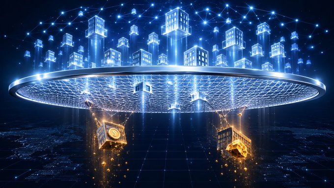 A futuristic digital illustration showing glowing blue cubes connected by a network above a circular platform, with golden cubes and coins floating below.