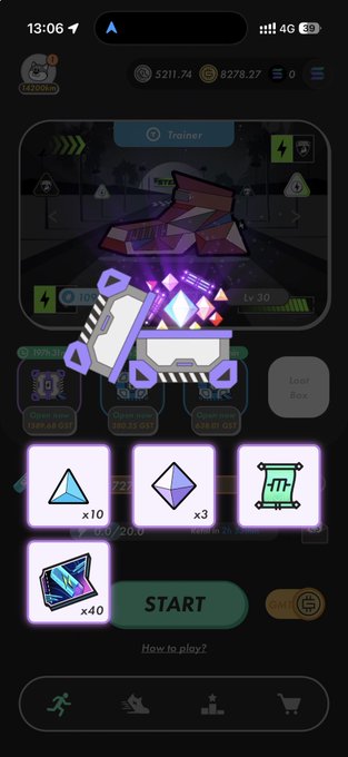 A mobile game screenshot showing a purple glowing treasure chest opening with a 3D shoe character, displaying collected items including crystals, scrolls, and cards.