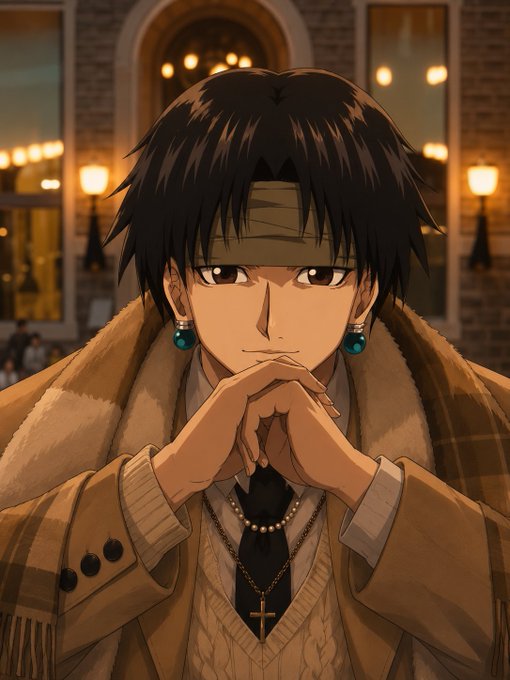 An anime-style illustration of a brown-haired male character with a headband, wearing a tan coat and cross necklace, resting his chin on his hands in a contemplative pose.