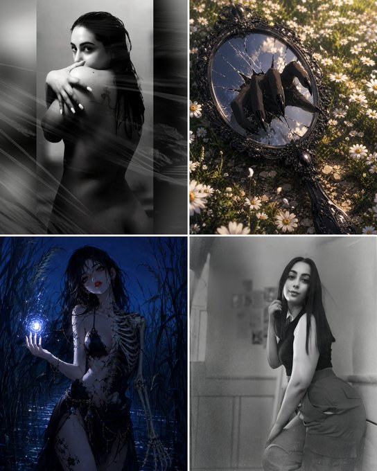 The user wants a concise caption for the provided image collage.
I need to look at the four quadrants and describe what is happening in each.
- Top Left: A black and white photo of a woman with wet hair, covering her shoulder/breast. It has a moody, artistic feel.
- Top Right: A mirror lying in a field of daisies. The reflection shows a dark, winged figure (looks like a bat or demon).
- Bottom Left: An illustration or digital art of a skeletal woman in a dark, swampy environment holding a glowing blue orb.
- Bottom Right: A black and white photo of a woman posing indoors, looking at the camera.

The text below the image says: "𝐇𝐚𝐩𝐩𝐲 #𝐭𝐞𝐳𝐨𝐬𝐭𝐮𝐞𝐬𝐝𝐚𝐲sɪʟᴇɴᴛ ɢʀᴀᴠɪᴛʏ 1/1 𝑒𝑑‍ 88 𝑥𝑡𝑧 .  ᴛʜᴇ ᴄᴜʀsᴇᴅ ʀᴇғʟᴇᴄᴛɪᴏɴ 1/1 𝑒𝑑‍ 20 𝑥𝑡𝑧 .  ᴀ ǫᴜɪᴇᴛ ᴍʏsᴛᴇʀʏ 1/1 𝑒𝑑‍ 50 𝑥𝑡𝑧 .  sᴡᴀᴍᴘ ᴍᴀɢɪᴄ 1/1 𝑒𝑑‍ 20 𝑥𝑡𝑧"

This text looks like a caption for a social media post (Instagram/TikTok style) describing the content. "HAPPY #testdayssilent gravity", "the cursed reflection", "a quiet mystery", "swamp magic". These titles seem to correspond to the images.
- Top Right image likely corresponds to "the cursed reflection" (mirror with dark figure).
- Bottom Left image likely corresponds to "swamp magic" (skeleton woman in swamp).
- Top Left and Bottom Right seem to be portraits, possibly part of the same series or just included. The text "HAPPY" might refer to the top left or bottom right, but it's hard to map perfectly. Wait, "HAPPY" is at the start. Maybe "Happy" refers to the first image? Or maybe it's just a general greeting. Let's look closer. "HAPPY #testdayssilent gravity". This is confusing. Let's re-read carefully.
"HAPPY #testdayssilent gravity" -> Maybe "Happy Test Day Silent Gravity"? No, that doesn't make sense.
Let's look at the structure:
1. "𝐇𝐚𝐩𝐩𝐲" -> Could be "Happy" but stylized? Or a name? Or "HAPPY" as in the mood?
2. "#𝐭𝐞𝐳𝐨𝐬𝐭𝐮𝐞𝐬𝐝𝐚𝐲sɪʟᴇɴᴛ" -> This looks like a hashtag or title. "Test Day Silent Gravity"?
3. "1/1 𝑒𝑑‍ 88 𝑥𝑡𝑧" -> Image size/quality indicator.
4. "ᴛʜᴇ ᴄᴜʀ𝑠ᴇ𝑑 ʀᴇ𝑓𝑙𝑒𝑐𝑡𝑖𝑜𝑛" -> "The Cursed Reflection". This matches the top right image perfectly.
5. "1/1 𝑒𝑑‍ 20 𝑥𝑡𝑧" -> Another size indicator.
6. "ᴀ ǫᴜɪᴇᴛ ᴍʏsᴛᴇʀʏ" -> "A Quiet Mystery". This matches the bottom left image (mysterious skeleton woman).
7. "1/1 𝑒𝑑‍ 50 𝑥𝑡𝑧" -> Another size indicator.
8. "sᴡᴀᴍᴘ ᴍᴀɢɪᴄ" -> "Swamp Magic". This matches the bottom left image again? Or maybe the top right? No, "swamp magic" fits the bottom left best. Wait, let's re-evaluate the mapping.

Let's look at the images again.
- Top Left: Woman, black and white, wet hair. No obvious text match.
- Top Right: Mirror in flowers, dark reflection. Matches "the cursed reflection".
- Bottom Left: Skeleton woman, dark blue, holding light. Matches "swamp magic" (swamp setting).
- Bottom Right: Woman posing, black and white.

The text "HAPPY" is at the very beginning. Maybe it's "HAPPY" as in the title of the first image? Or maybe it's just a greeting.
Actually, looking at the layout, it's a 2x2 grid.
Top Left: Portrait.
Top Right: Mirror/Reflection.
Bottom Left: Skeleton woman (Swamp).
Bottom Right: Portrait.

The text "the cursed reflection" clearly points to the top right image.
"swamp magic" clearly points to the bottom left image (swamp setting).
"a quiet mystery" could point to the bottom right (mysterious pose) or top left.
"HAPPY" is weird. Maybe it's "HAPPY" as in the brand or artist name? Or maybe "Happy" is the title of the top left image? "Happy" doesn't fit the moody B&W photo well. Maybe it's "HAPPY" -> "HAPPY" -> "HAPPY" -> "HAPPY". Wait, let's look at the letters. H-A-P-P-Y. It's just "HAPPY".

Let's try to construct a caption that describes the visual content without necessarily quoting the text, but acknowledging the text if relevant. The prompt asks for a "concise 1-2 sentence caption describing what is in this image." It also says "Include any key text... visible." So I should mention the text.

The text is a bit garbled/stylized. "𝐇𝐚𝐩𝐩𝐲 #𝐭𝐞𝐳𝐨𝐬𝐭𝐮𝐞𝐬𝐝𝐚𝐲sɪʟᴇɴᴛ ɢʀᴀᴠɪᴛʏ". This looks like a title or series name. "the cursed reflection", "a quiet mystery", "swamp magic". These sound like titles for the images.
- "the cursed reflection" -> Top Right image (mirror with dark figure).
- "swamp magic" -> Bottom Left image (skeleton woman in dark water/swamp).
- "a quiet mystery" -> Could be Bottom Right (woman looking mysterious) or Top Left.

Let's just describe the collage generally.
"This image is a four-panel collage featuring artistic photos and illustrations."
"Top left: A black and white portrait of a woman with wet hair."
"Top right: A vintage mirror in a field of daisies reflecting a dark, winged creature."
"Bottom left: A digital illustration of a skeletal woman in a dark, swampy setting holding a glowing orb."
"Bottom right: A black and whiteSpace