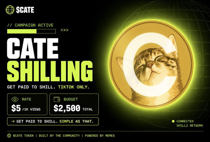 The image is a promotional banner for the $CATE token's "Cate Shilling" campaign, showing a cat face inside a glowing "C" emblem with details like a $5/1K views rate and $2,500 total budget for TikTok shilling. It connects to the post by announcing $CATE's addition to the Shillz Network, where users can get paid to promote the meme token on TikTok.