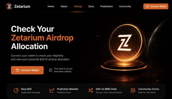 The image shows the official Zetarium website featuring an "Airdrop" section that invites users to "Check Your Zetarium Airdrop Allocation" by connecting their wallet to view their potential $ZETA eligibility, complementing the post's update on the delayed airdrop and TGE timeline.