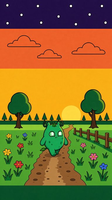 A pixel art illustration showing a small green creature with horns walking down a dirt path through a colorful field of flowers at sunset.
