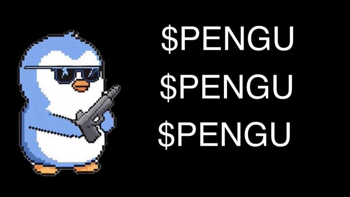 Pixel art of a penguin wearing sunglasses and holding a gun next to the text '$PENGU' repeated three times on a black background.