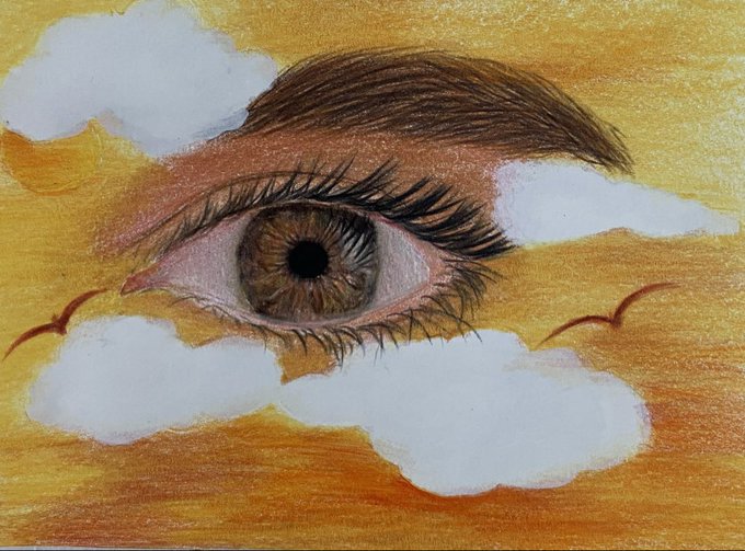 A colored pencil drawing of a single detailed human eye with a brown iris, set against an orange and yellow background with white clouds and a small bird flying by.