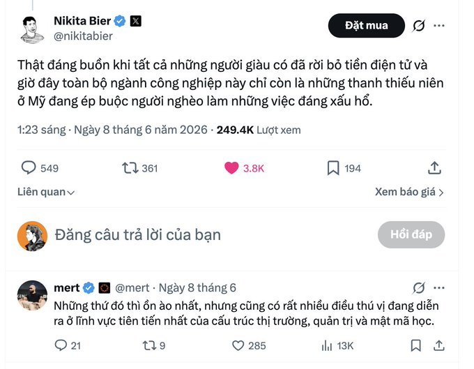 A screenshot of a social media platform with two posts placed side by side. The left post is written by Nikita Bier titled "That dãâ€ â€™tãâ€üãâ€©â€çâ€ƒâ€©êâ€àâ€€â€&â€€ãâ€©â€©â€&â€€â€&â€&â€€â€&â€&â€ â€®â€&â€€", and the right post is a photo of an Instagram profile with a heart symbol. The caption reads, "Nikita Bier, Head of Product at X & advisor to Solana, just made a noteworthy comment about the current state of crypto in the US. Nikita said that wealthy people in the US have abandoned crypto, and now it's just teenagers forcing the poor to do embarrassing things".