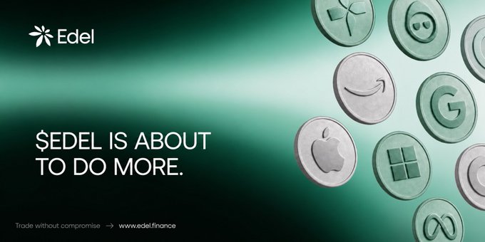 A promotional graphic for 'Edel' with the tagline '$EDEL IS ABOUT TO DO MORE' on a teal gradient background, featuring circular icons for various tech companies including Apple, Google, Microsoft, and Meta.