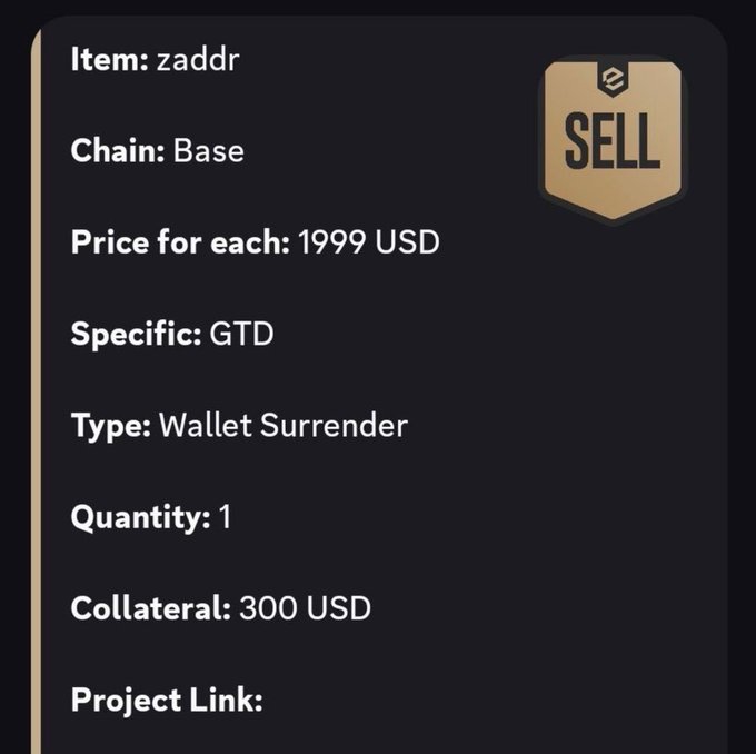 A digital listing card showing a 'SELL' order for item 'zaddr' on the Base chain, priced at 1999 USD each with GTD specifics and 300 USD collateral.