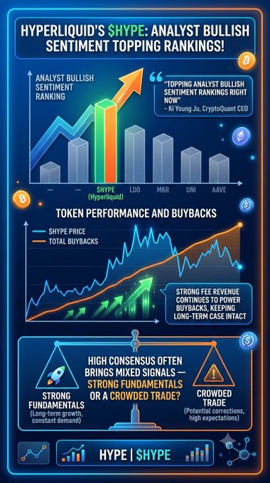 Infographic titled 'Hyperliquid's $HYPE: Analyst Bullish Sentiment Topping Rankings!' featuring charts on analyst sentiment, token performance, buybacks, and a balanced scale representing strong fundamentals versus crowded trade risks.