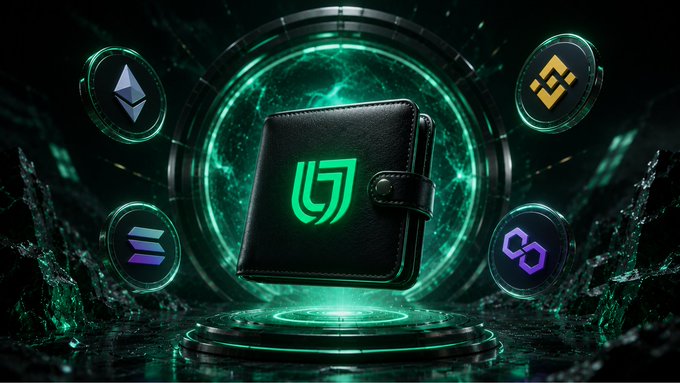 A black leather wallet branded "UnityWallet" sits within a glowing teal circular portal, surrounded by logos representing Ethereum (ETH), Binance Coin (BNB), Solana (SOL), and Polygon (MATIC). The imagery visually reinforces the post's message, illustrating how the wallet acts as a central gateway connecting users to the broader Web3 ecosystem, including DeFi, DEXs, NFTs, and dApps, via a single scan.