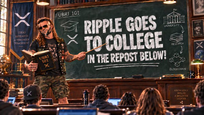 A man with long hair and sunglasses stands at a chalkboard in a classroom, holding an "UBRI 101" book and pointing to text reading "UBRI 101: RIPPLE GOES TO COLLEGE IN THE REPOST BELOW," with the Ripple "X" logo and surrounding diagrams showing connections to university, research, and blockchain. The image visually promotes the post's announcement about Ripple's expansion into college sports alongside its long-standing university research initiative (UBRI), with "UBRI 101" referencing the deep-dive content referenced in the repost.