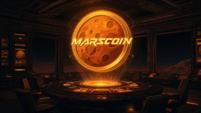 A glowing orange holographic projection of a planet with the text "MARSCOIN" displayed across it hovers above a circular console in a futuristic, dimly lit command center overlooking a barren planetary landscape.