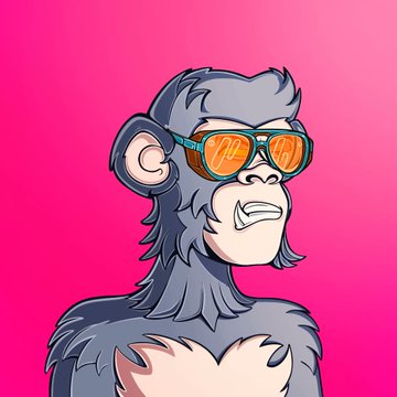 A cartoon illustration of a smug-looking gray monkey wearing orange sunglasses with dollar signs in the lenses, set against a bright pink background.