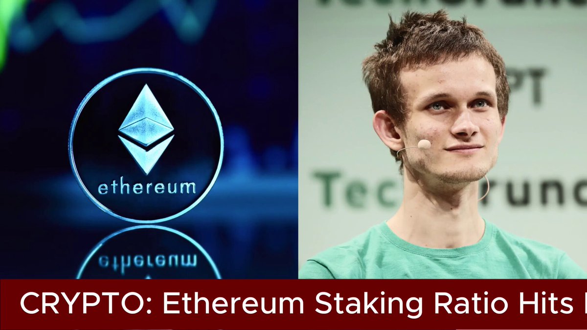 The image shows a close-up view of an Ethereum staking ratio logo, along with a photograph of a man wearing a green t-shirt who appears to be speaking at an event. The Bitcoin logo can also be seen on top of the Ethereum logo in one corner of the image.