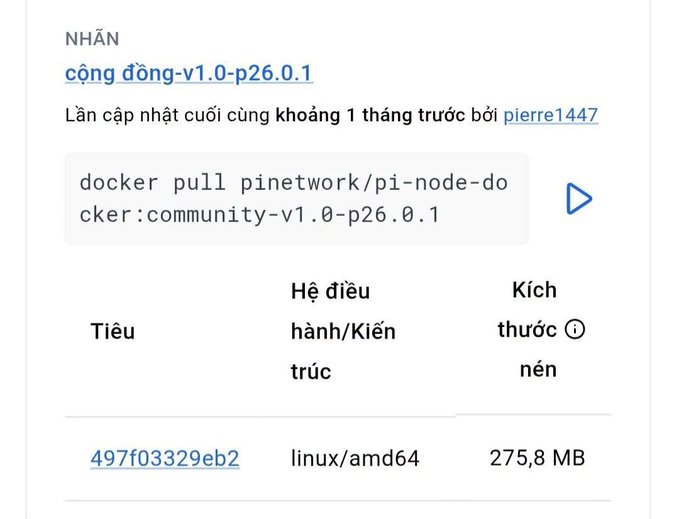 The image shows a "community-v1.0-p26.0.1" Docker image for pi-node, confirming that version V26 has a real build deployed. This aligns with the post's announcement of PCT implementing changes as the legal framework approaches.