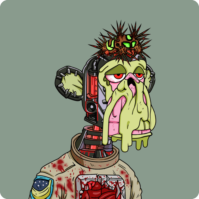 The image features a cartoon character with a face, dressed as a robot or machine, wearing a helmet that has blood dripping from it. The character appears to be mutating into a human-like form, possibly due to exposure to radiation or other environmental factors. The character is depicted in a realistic style and is the main focus of the image.

The post about this character suggests that it was bought for 1.6 ETH (ether) by an individual on the Ethereum blockchain. The character's transformation into a human-like form indicates its mutability, which could be seen as a form of art or a unique concept in the world of video games and animation.