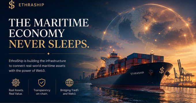 A promotional banner for EthraShip features a large container ship sailing against a sunset backdrop with a glowing globe overlay, accompanied by the tagline "THE MARITIME ECONOMY NEVER SLEEPS." The image visually reinforces the post's message by illustrating how EthraShip is building Web3 infrastructure to bridge real-world maritime assets—like the shipping industry that moves trillions of dollars—with blockchain technology.