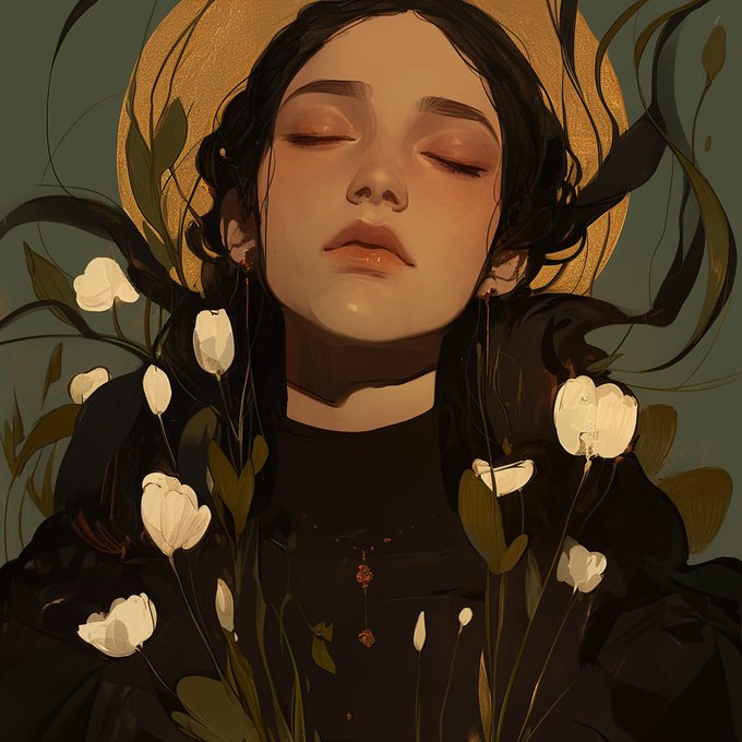 A digital illustration of a woman with closed eyes and a serene expression, surrounded by white tulips and dark foliage against a gold circular background.