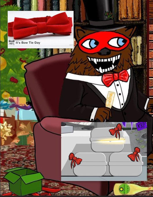 A furry character in a top hat, red mask, and red bow tie sits in an armchair surrounded by gifts, with text reading "HEY, It's Bow Tie Day." and a smaller image showing red bow-tied packages. The post's reference to one gift being opened early fits the scene's holiday setting with multiple wrapped presents awaiting reveal.
