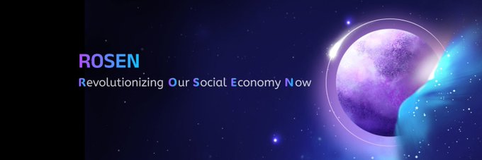 A dark, space-themed logo graphic for 'ROSEN' with the tagline 'Revolutionizing Our Social Economy Now' next to a glowing purple and blue planet.