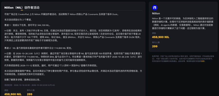 Screenshot of a Chinese-language creator activity announcement for Nillion (NIL) on CreatorPad, with a prize pool of 458,900 NIL and 299 participants, running from 2026-10-16 to 2026-10-26.