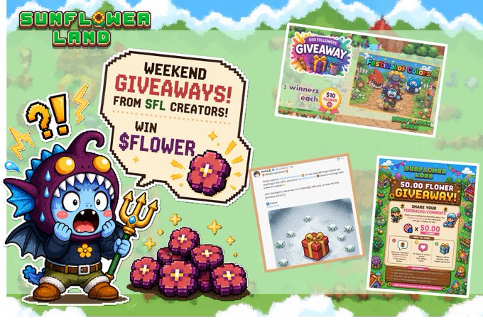 A promotional graphic for 'SUNFLOWER LAND' advertising weekend giveaways, featuring a purple monster character holding a trident and screenshots of $FLOWER giveaways.