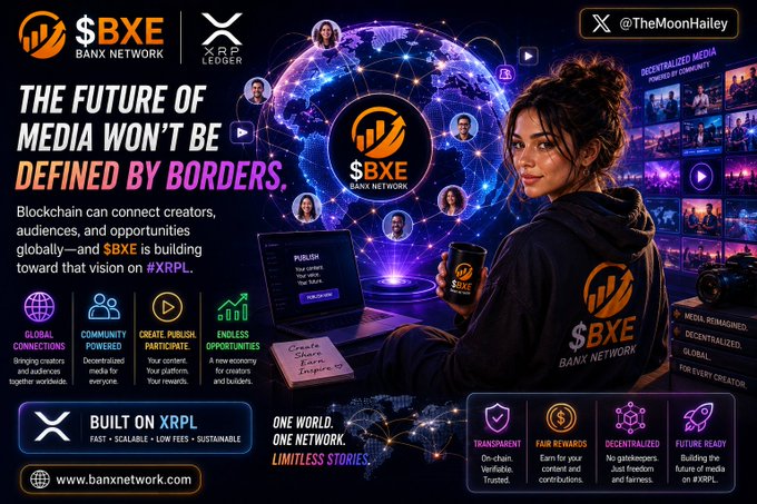 A promotional graphic for Banx Network ($BXE) and XRP Ledger ($XRPL) features a woman in branded apparel working at a laptop surrounded by a digital globe of interconnected media content, highlighting the tagline "The future of media won't be defined by borders." The image supports the post by visually reinforcing $BXE's vision of global, decentralized media creation on #XRPL, with the same tagline and call-to-action directing viewers to buy via mexc.com.