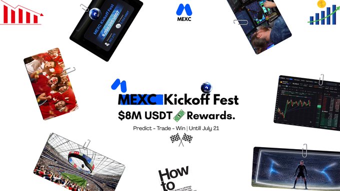 A promotional graphic for "MEXC Kickoff Fest" featuring "$8M USDT Rewards" with the tagline "Predict - Trade - Win | Until July 21," surrounded by polaroid-style images of football fans, a racing stadium, trading screens, and a credit card, tying the global excitement of summer football to a crypto trading event.