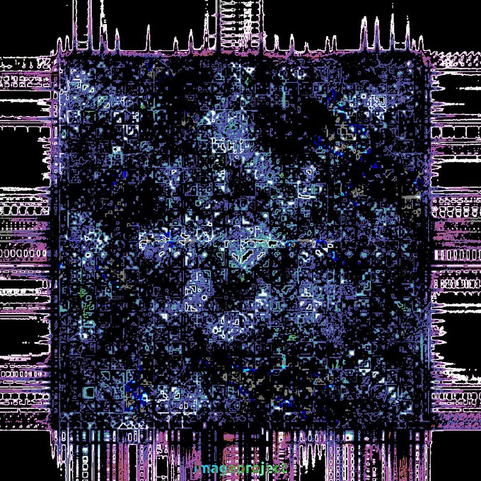 A highly detailed image of a computer chip or microchip with intricate circuitry patterns in blue, purple, and black colors, featuring complex pathways and components.