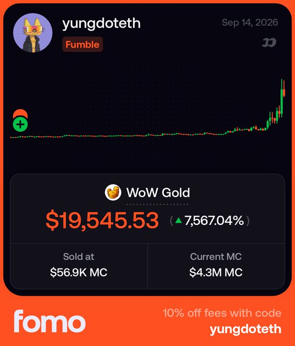A social media post by user 'yungdoteth' showing a chart for a meme coin called 'WoW Gold' that reached $19,545.53 (7,567.04% gain), sold at $56.9K MC with a current MC of $4.3M, promoting 'fomo' with code 'yungdoteth'.