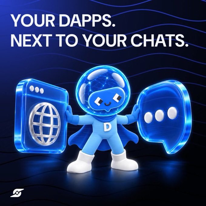 A promotional graphic with the text "YOUR DAPPS. NEXT TO YOUR CHATS." featuring a blue 3D mascot character holding app icons.