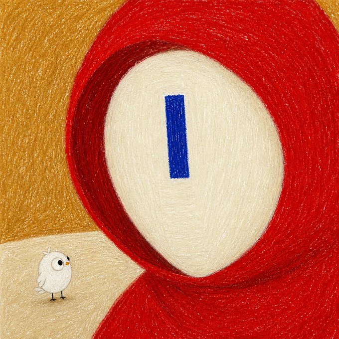 A colored pencil drawing featuring a hooded figure in red with a white face and a single blue vertical rectangle, accompanied by a small white owl-like creature in the corner.