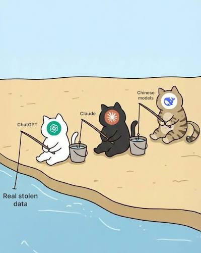 A meme-style cartoon showing cats labeled 'ChatGPT', 'Claude', and 'Chinese models' fishing from a beach, with a fishing line extending into 'Real stolen data' in the water.