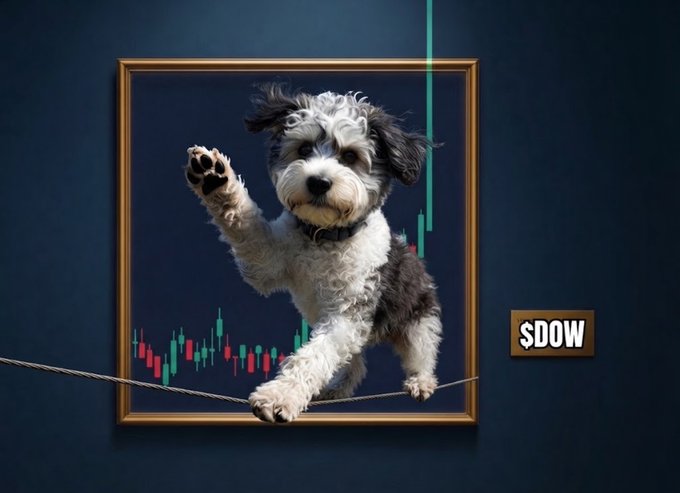 A small black and white dog balances precariously on a tightrope inside a gold picture frame, with candlestick chart patterns visible behind it. The text "$DOW" appears in bold lettering on the right side, reinforcing the post's message about watching the Dow Jones ticker — humorously suggesting the market is in a "balancing act" just like the tightrope-walking pup.
