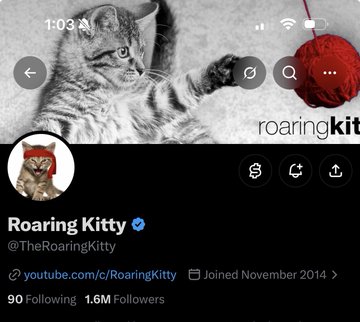 Twitter/X profile page for Roaring Kitty (@TheRoaringKitty) showing 1.6M followers, a kitten avatar, and a header image of a cat with a red yarn ball.