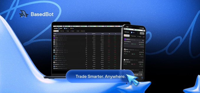 A promotional banner for BasedBot displays a laptop and smartphone showcasing its crypto trading interface, with the "BasedBot" logo and tagline "Trade Smarter. Anywhere." set against a blue background featuring stylized stars. The image visually reinforces the post's message of a fast, multi-chain Telegram trading bot with cashback rewards, highlighting the platform's accessibility across desktop and mobile devices.