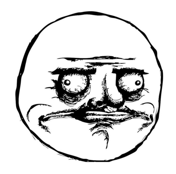 A black and white hand-drawn sketch of a classic rage comic face with wide, bulging eyes and a downturned, frowning mouth, embodying the exaggerated "Me Gusta" or rage expression. The illustration connects to the post's nostalgic reflection on early 2010s internet meme culture, capturing the raw emotional simplicity of $MEGUSTA, $TROLL, $WOJAK, and $RAGEGUY that the creator sought to channel into their own meme characters like $PEPE, $BRETT, $ANDY, and $WOLF, alongside a Bitcoin-style wallet address.