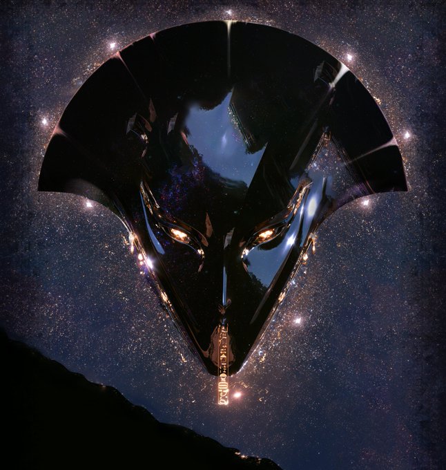 A digital artwork depicting a glossy black spartan helmet floating against a starry galaxy background, reflecting warm golden lights in its visor.