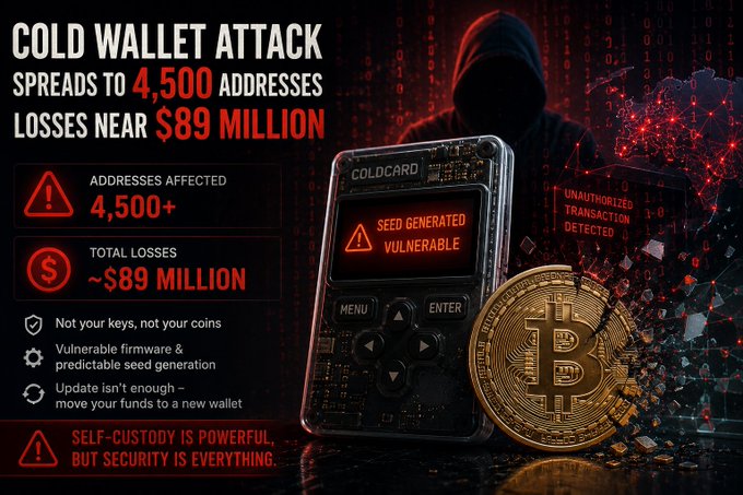 The image is a dramatic infographic warning about a major Bitcoin cold wallet breach, headlined "COLD WALLET ATTACK SPREADS TO 4,500 ADDRESSES, LOSSES NEAR $89 MILLION," alongside a shadowy hacker figure, a COLDCARD hardware wallet displaying a "SEED GENERATED VULNERABLE" alert, and a Bitcoin coin. The accompanying post elaborates on this by noting that affected addresses grew from ~1,200 to over 4,500 with losses nearing $89 million, emphasizing that the vulnerability lies in predictable seed generation—a flaw that allows attackers to compromise wallets without physically hacking the device, reinforcing the image's tagline that "self-custody is powerful, but security is everything."