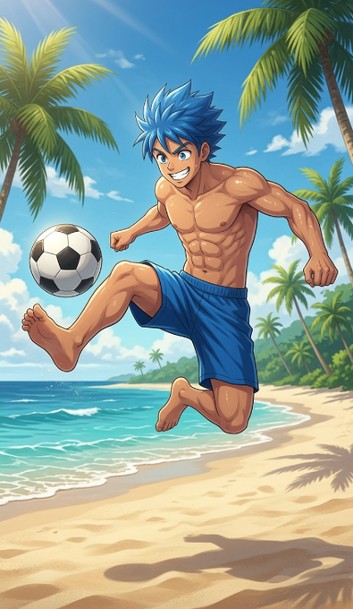 An anime-style illustration of a muscular character with blue spiky hair kicking a soccer ball on a tropical beach with palm trees and ocean waves.