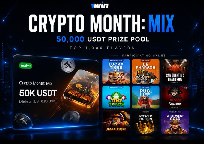 The image promotes 1win's "Crypto Month: Mix" tournament featuring a 50,000 USDT prize pool distributed among the top 1,000 players, with a minimum bet of 0.80 USDT. It showcases the main tournament tile alongside nine participating games including Lucky Tiger, Le Pharaoh, San Quentin 2: Death Row, Tiny Toads, Pug Life, Blood Shadow, Gold Rush, and Wild West Gold, visually reinforcing the post's highlight of a diverse multi-game leaderboard competition.