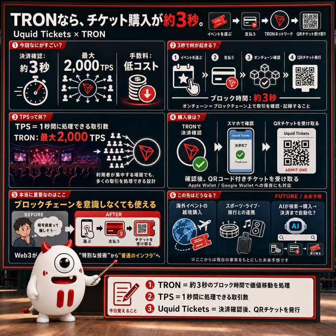 Japanese infographic explaining TRON blockchain ticketing system called 'Uquid Tickets × TRON', showing how tickets can be purchased in about 3 seconds using TPS (Transactions Per Second) up to 2,000.