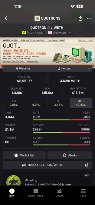 A mobile screenshot of a crypto tracking app showing the QUOTRON/WETH token pair on Robinhood/Uniswap V4, with a price of $8,951.77, market cap of $15.6M, and an advertisement for 'SJMOTHY' at the bottom.