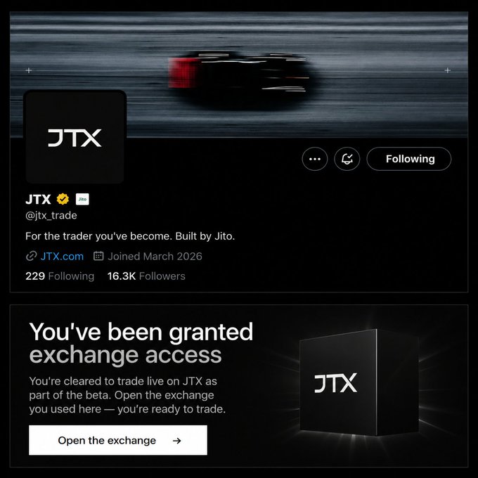 A Twitter/X profile for JTX (@jtx_trade) by Jito, announcing exchange access granted for beta trading on JTX.com.