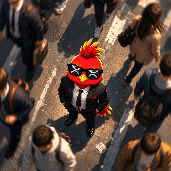 A bird mascot in a sharp black suit and X-shaped sunglasses stands out confidently amid a bustling crowd of commuters crossing a street, visually embodying the bold standout presence referenced in the post about "$PHNIX."