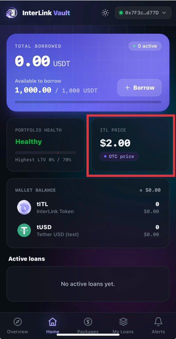 The InterLink Vault dashboard displays an "ITL PRICE" of $2.00 with an "OTC price" label highlighted in red, indicating the reference price used for collateral valuation. This relates to the post's explanation that since ITL isn't officially listed yet, the vault uses an OTC price to calculate the LTV ratio for borrowing USDT against locked ITL collateral.