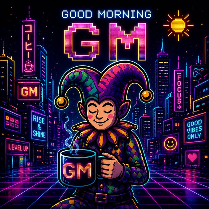 A neon-style digital illustration featuring a jester holding a mug labeled 'GM' with the text 'GOOD MORNING GM' and 'RISE & SHINE' against a cyberpunk cityscape background.