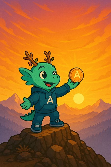 A cheerful green dragon with reindeer-like antlers stands triumphantly atop a rocky mountain peak at sunset, proudly holding up a golden coin marked with the letter "A" while wearing a teal hoodie also emblazoned with "A." The image visually represents the post's optimistic "GM" message, with the "A" symbol on the coin and hoodie directly referencing Aptos (APT), while the dragon's victorious pose atop the summit symbolizes the "boot sequence: ON" energy and the successful start to a Monday of crypto staking activity.