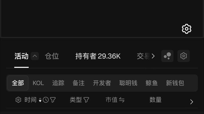 Chinese-language mobile app interface showing an activity tab with 29.36K holders, featuring filter tabs labeled 全部, KOL, 追踪, 备注, 开发者, 聪明钱, 鲸鱼, and 新钱包, with sorting options for time, type, market cap, and quantity.