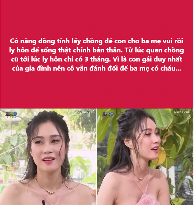 A Vietnamese-language social media post with a red banner containing text about a young lesbian woman who got married to give parents joy before divorcing to live authentically, accompanied by two photos of a young Vietnamese woman.